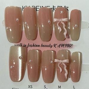 [S] 🎀 10Pcs Wearable Press on Nail Elegant Lady Pink Bow Ribbon White Pearls